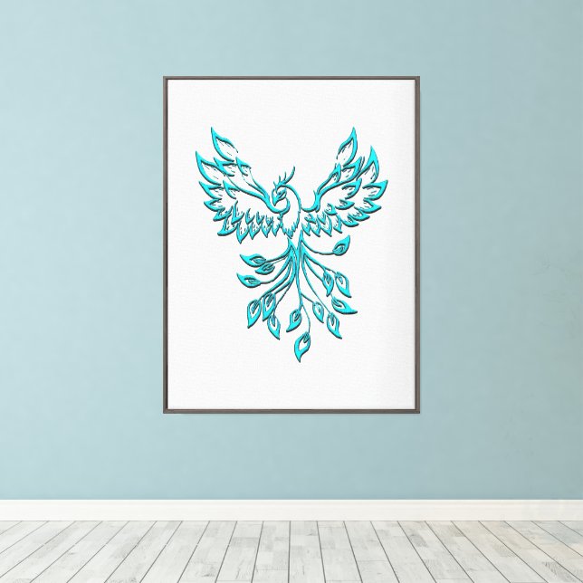 Teal Blue Phoenix Rises on Faint Silver Canvas Print (Insitu(Wood Floor))