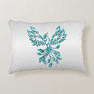 Teal Blue Phoenix Rises on Silver Accent Pillow