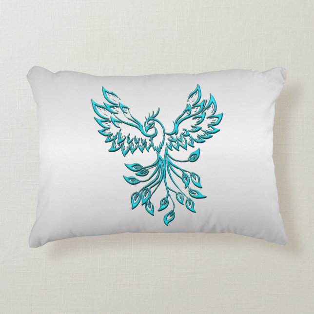 Teal Blue Phoenix Rises on Silver Accent Pillow (Front)