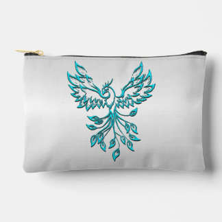 Teal Blue Phoenix Rises on Silver Accessory Pouch