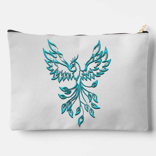 Teal Blue Phoenix Rises on Silver Accessory Pouch (Back)