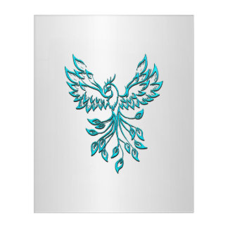 Teal Blue Phoenix Rises on Silver Acrylic Print