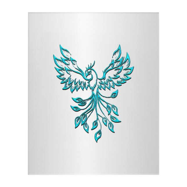 Teal Blue Phoenix Rises on Silver Acrylic Print (Front)