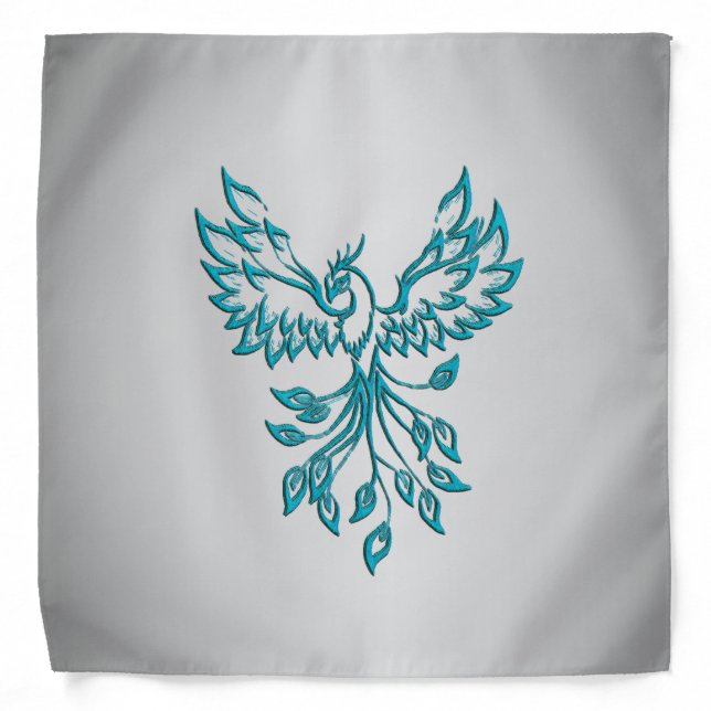 Teal Blue Phoenix Rises on Silver Bandana (Front)