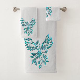 Teal Blue Phoenix Rises on Silver Bath Towel Set
