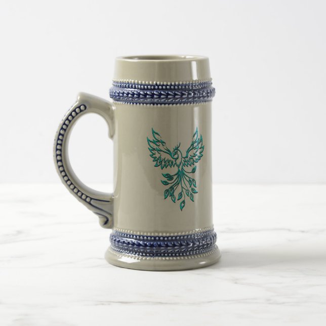 Teal Blue Phoenix Rises on Silver Beer Stein (Left)