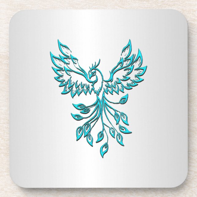 Teal Blue Phoenix Rises on Silver Beverage Coaster (Front)