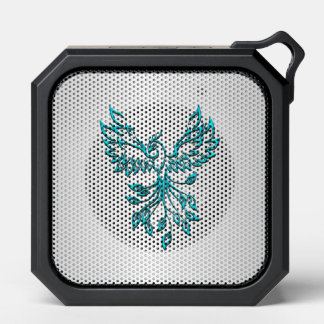 Teal Blue Phoenix Rises on Silver Bluetooth Speaker