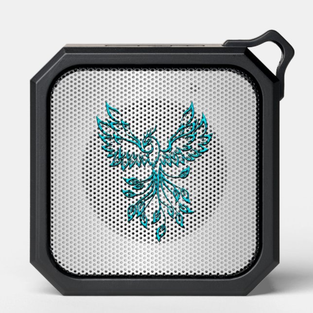Teal Blue Phoenix Rises on Silver Bluetooth Speaker (Front)