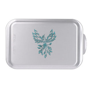 Teal Blue Phoenix Rises on Silver Cake Pan