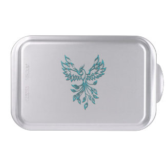 Teal Blue Phoenix Rises on Silver Cake Pan