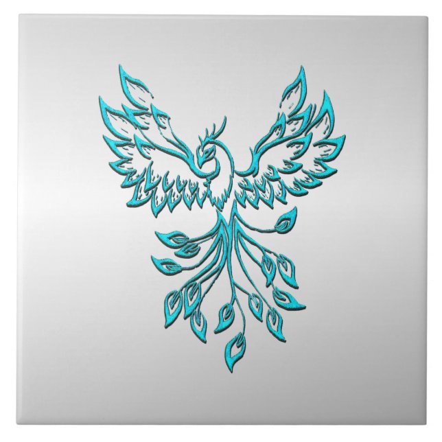 Teal Blue Phoenix Rises on Silver Ceramic Tile (Front)