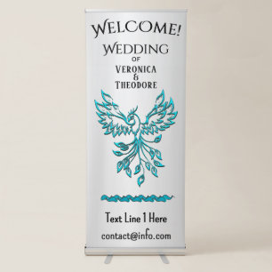 Teal Blue Phoenix Rises on Silver Custom Wedding  Retractable Banner