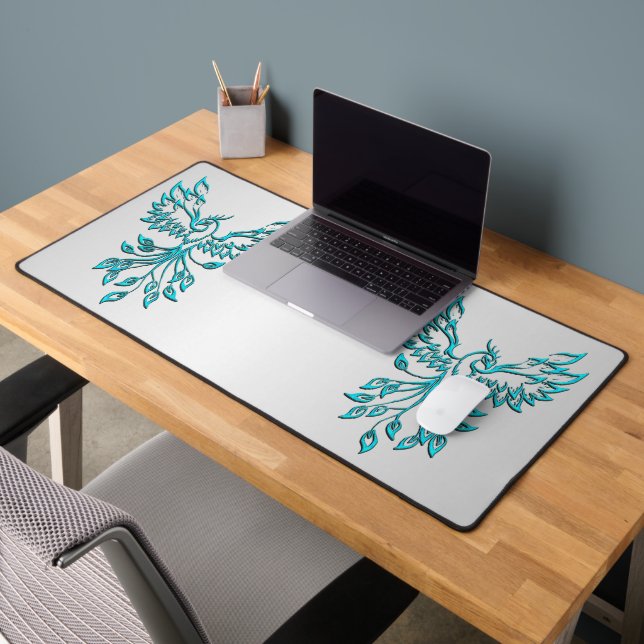 Teal Blue Phoenix Rises on Silver Desk Mat (Office 2)