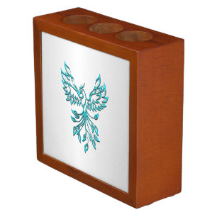 Teal Blue Phoenix Rises on Silver Desk Organizer