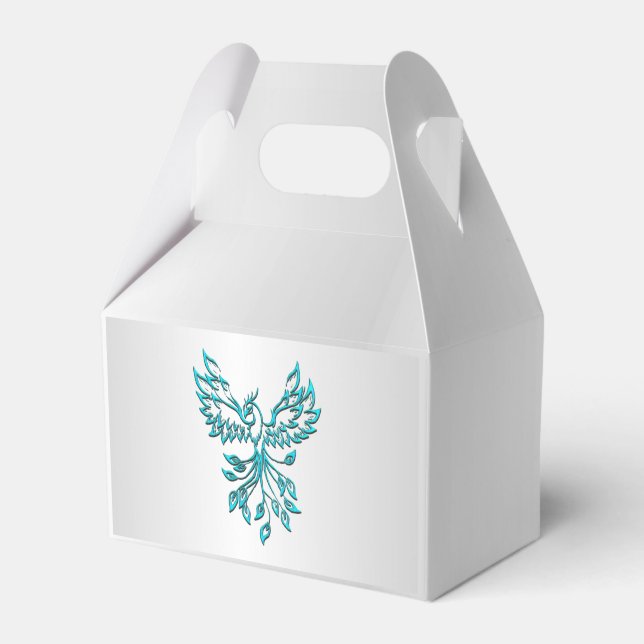 Teal Blue Phoenix Rises on Silver Favor Boxes (Front Side)