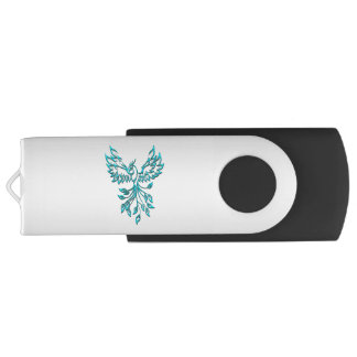 Teal Blue Phoenix Rises on Silver Flash Drive