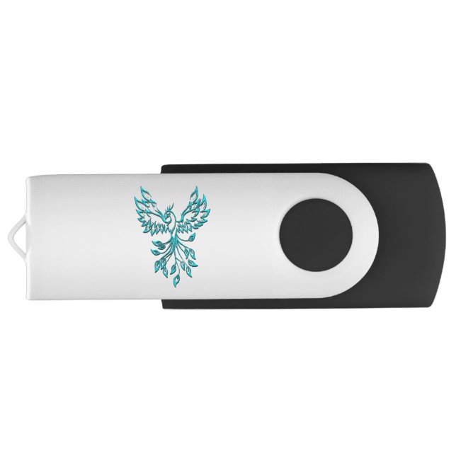 Teal Blue Phoenix Rises on Silver Flash Drive (Back)