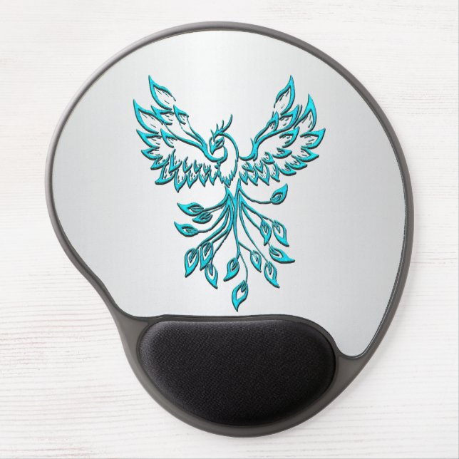 Teal Blue Phoenix Rises on Silver Gel Mouse Pad (Front)