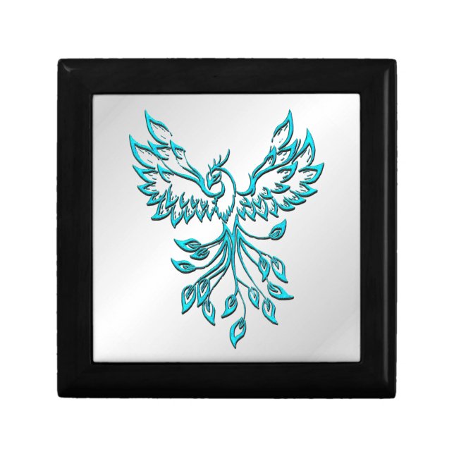 Teal Blue Phoenix Rises on Silver Gift Box (Front)
