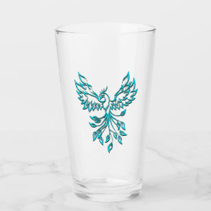 Teal Blue Phoenix Rises on Silver Glass