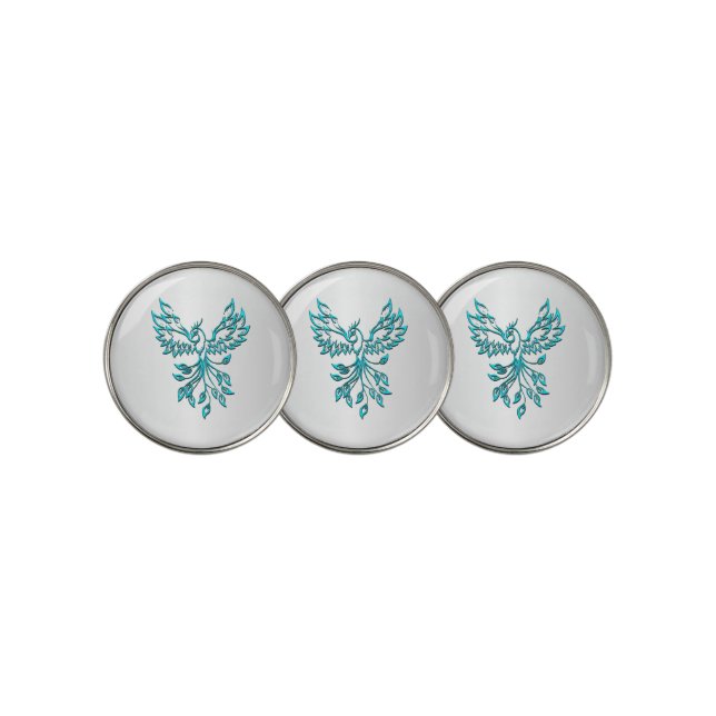 Teal Blue Phoenix Rises on Silver Golf Ball Marker (3 Up)