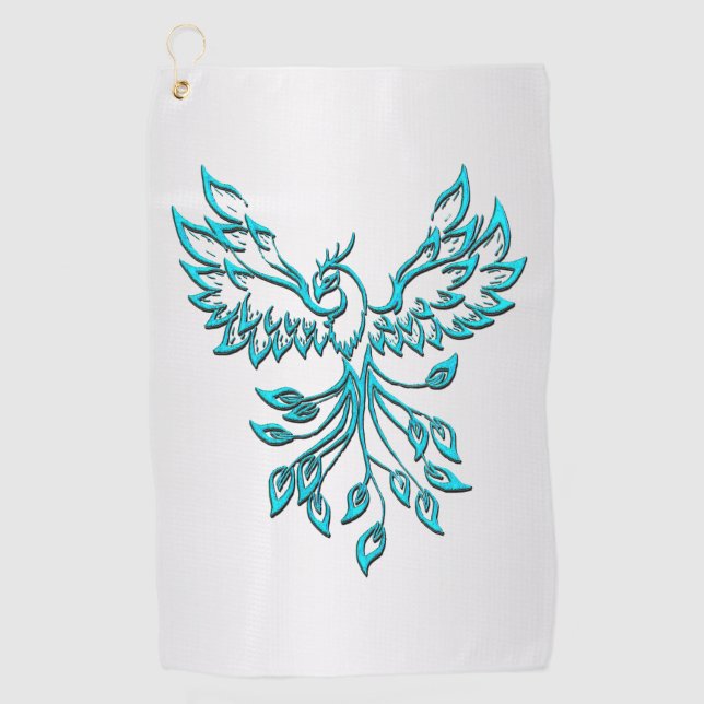 Teal Blue Phoenix Rises on Silver Golf Towel (Front)