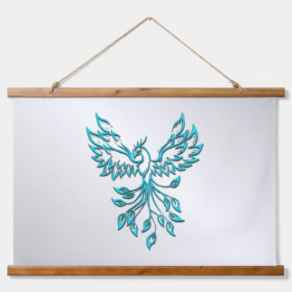 Teal Blue Phoenix Rises on Silver Hanging Tapestry