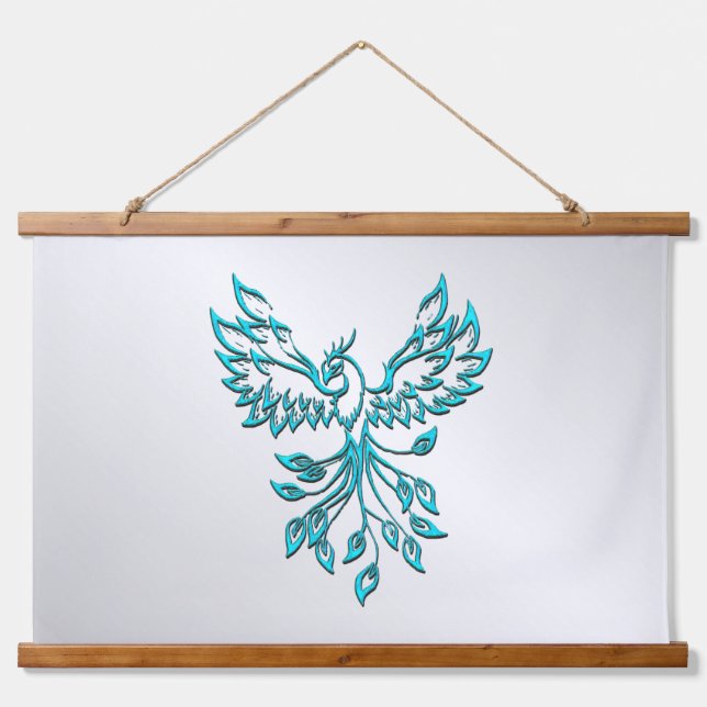 Teal Blue Phoenix Rises on Silver Hanging Tapestry (Front)