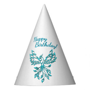 Teal Blue Phoenix Rises on Silver Happy Birthday Party Hat