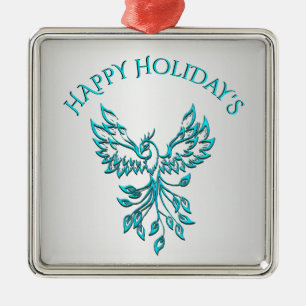 Teal Blue Phoenix Rises on Silver Happy Holidays Metal Ornament