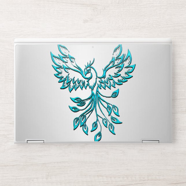 Teal Blue Phoenix Rises on Silver HP Laptop Skin (Front)