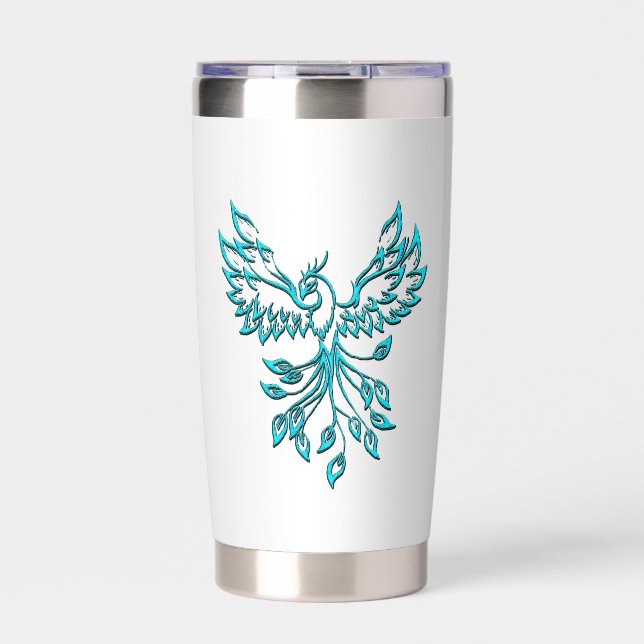 Teal Blue Phoenix Rises on Silver Insulated Tumbler (Front)