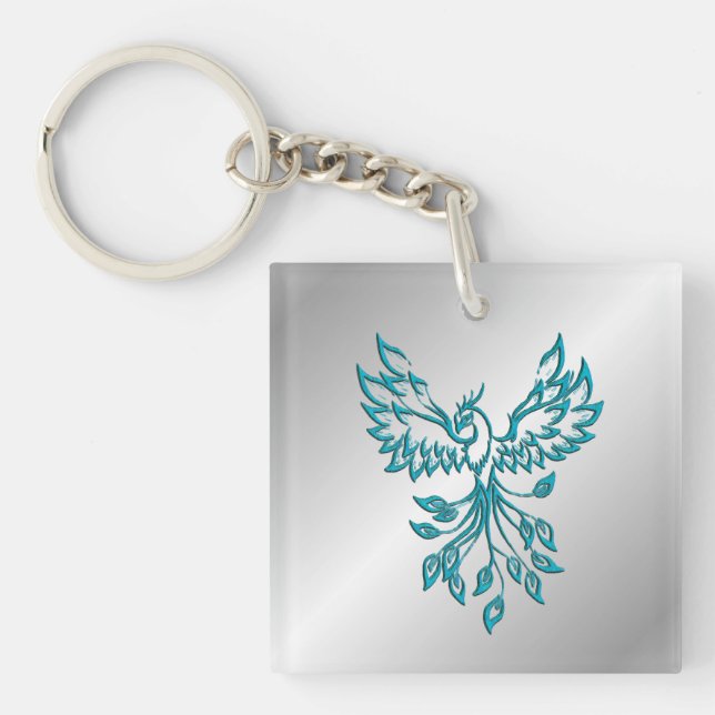 Teal Blue Phoenix Rises on Silver Keychain (Front)