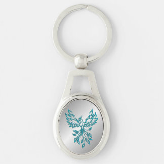 Teal Blue Phoenix Rises on Silver Keychain