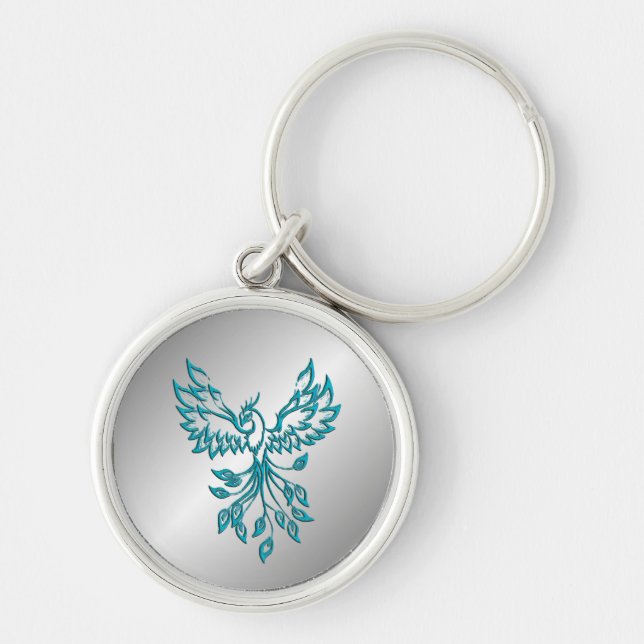 Teal Blue Phoenix Rises on Silver Keychain (Front)