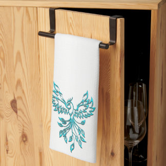 Teal Blue Phoenix Rises on Silver Kitchen Towel