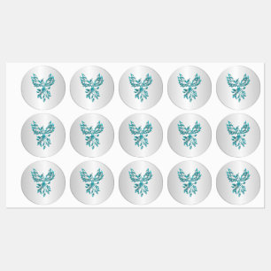 Teal Blue Phoenix Rises on Silver Labels