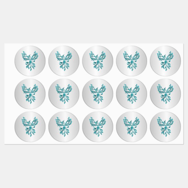 Teal Blue Phoenix Rises on Silver Labels (Sheet)