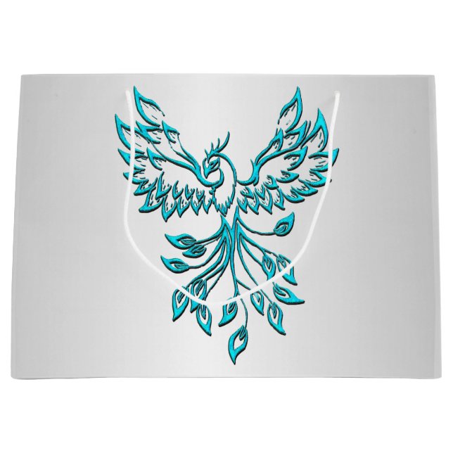 Teal Blue Phoenix Rises on Silver Large Gift Bag (Front)