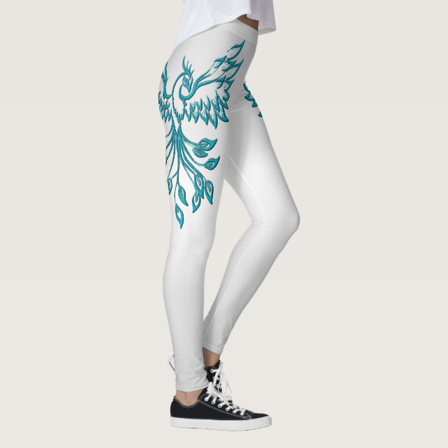 Teal Blue Phoenix Rises on Silver Leggings (Right)