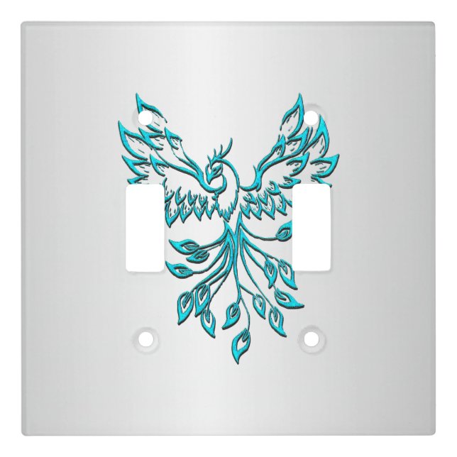 Teal Blue Phoenix Rises on Silver Light Switch Cover (Front)
