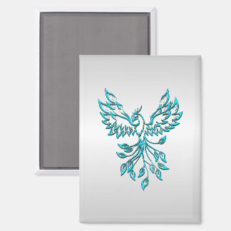 Teal Blue Phoenix Rises on Silver Magnet