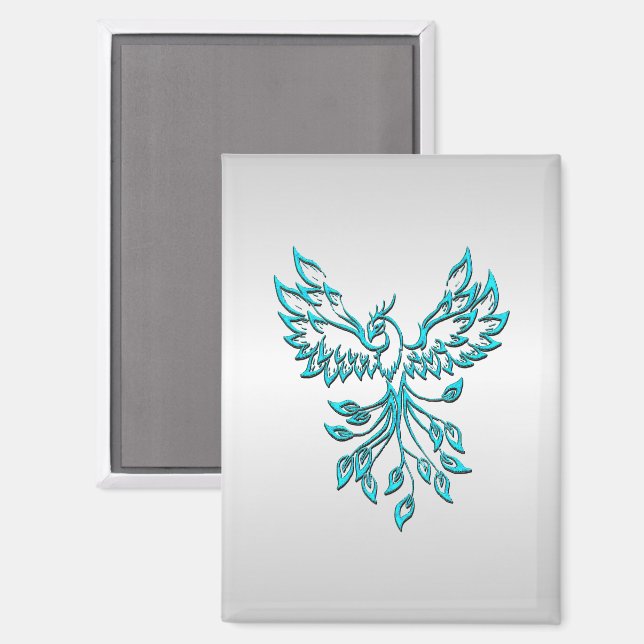 Teal Blue Phoenix Rises on Silver Magnet (Front/Back)