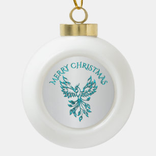 Teal Blue Phoenix Rises on Silver Merry Christmas Ceramic Ball Christmas Ornament