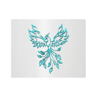 Teal Blue Phoenix Rises on Silver Metal Print