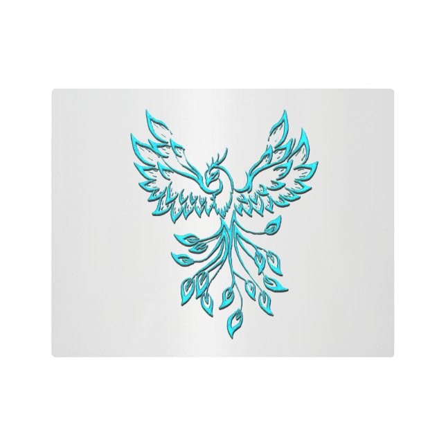 Teal Blue Phoenix Rises on Silver Metal Print (Front)