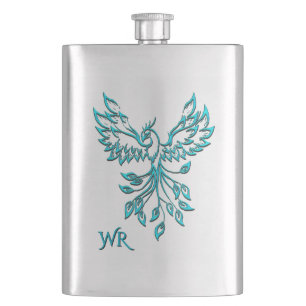 Teal Blue Phoenix Rises on Silver Monogram Flask