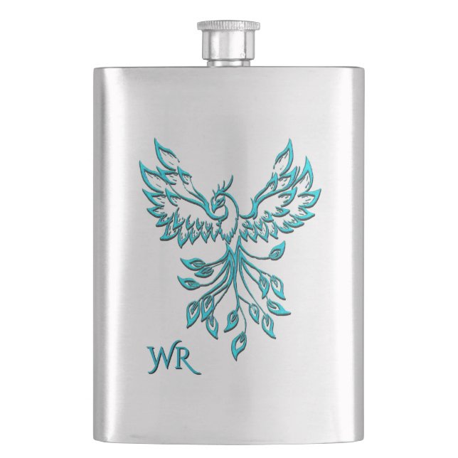 Teal Blue Phoenix Rises on Silver Monogram Flask (Front)