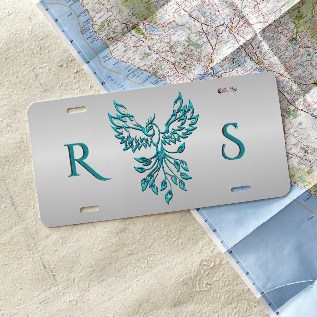 Teal Blue Phoenix Rises on Silver Monogram License Plate (In Situ)